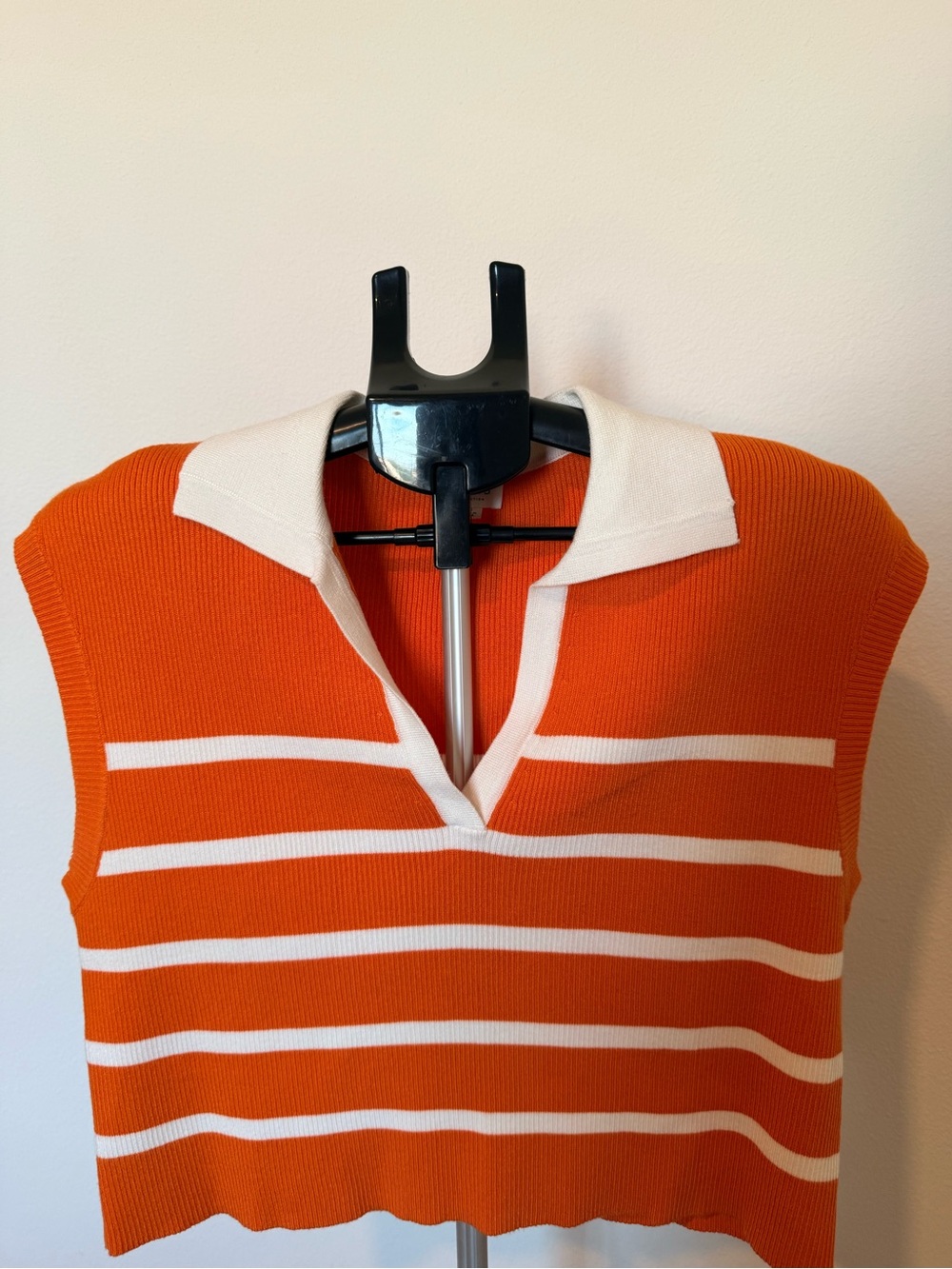 Le Lis Orange and White Striped V-Neck Sleeveless Sweater